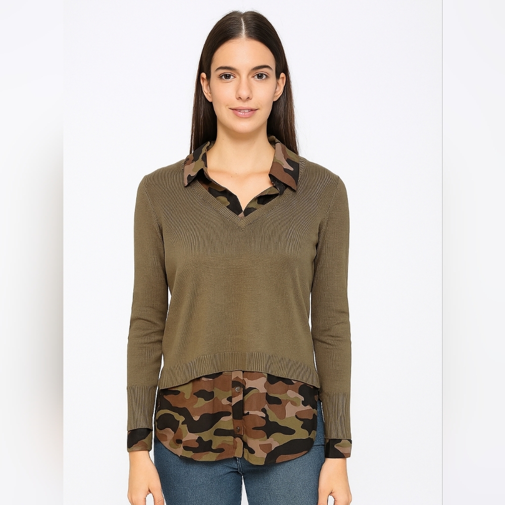 Belle By‎ Kim Gravel Olive Green Camouflage Layered Women's Top Size XXS New